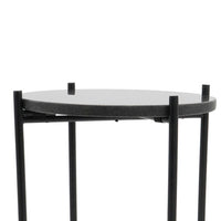 Azik Accent Table, 13 Inch Round Marble-Look Glass Top, Black Iron X Base - BM350099