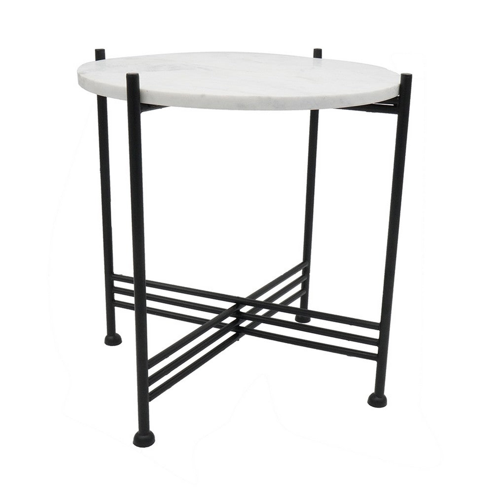 Azik Accent Table, 16 Inch Round White Marble-Look Glass Top, Black Iron - BM350100