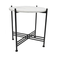 Azik Accent Table, 16 Inch Round White Marble-Look Glass Top, Black Iron - BM350100