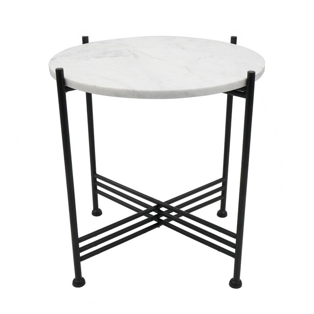 Azik Accent Table, 16 Inch Round White Marble-Look Glass Top, Black Iron - BM350100