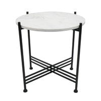 Azik Accent Table, 16 Inch Round White Marble-Look Glass Top, Black Iron - BM350100