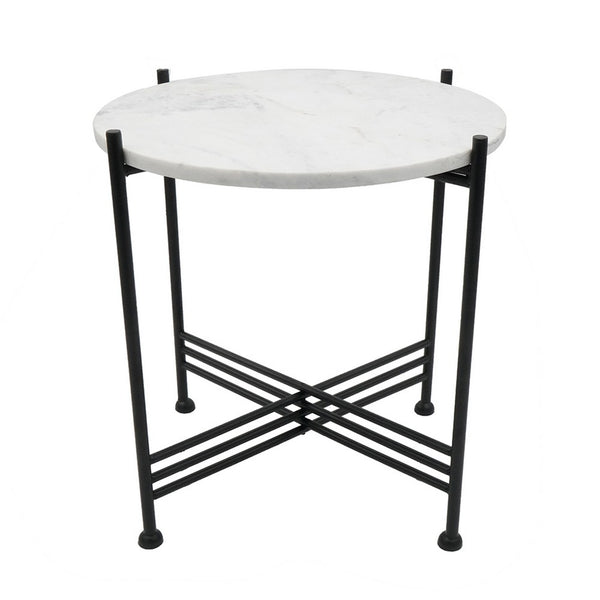 Azik Accent Table, 16 Inch Round White Marble-Look Glass Top, Black Iron - BM350100
