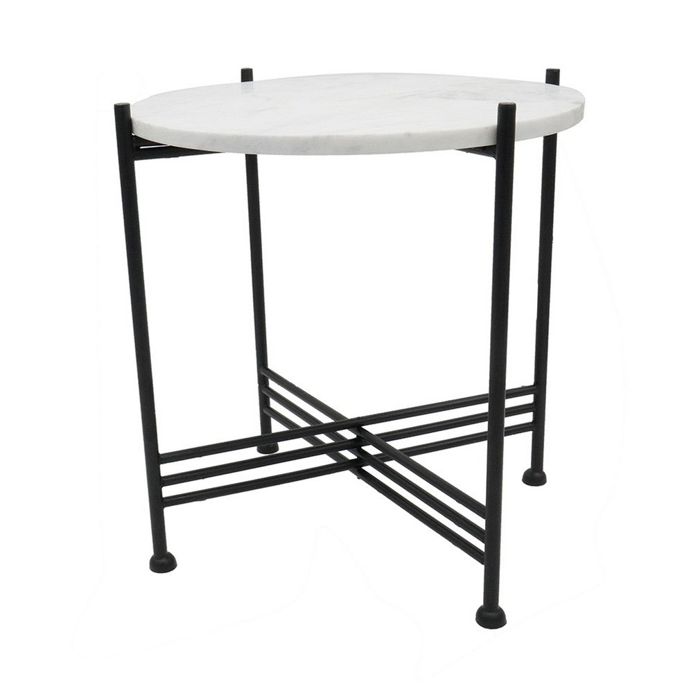 Azik Accent Table, 16 Inch Round White Marble-Look Glass Top, Black Iron - BM350100