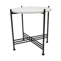 Azik Accent Table, 16 Inch Round White Marble-Look Glass Top, Black Iron - BM350100