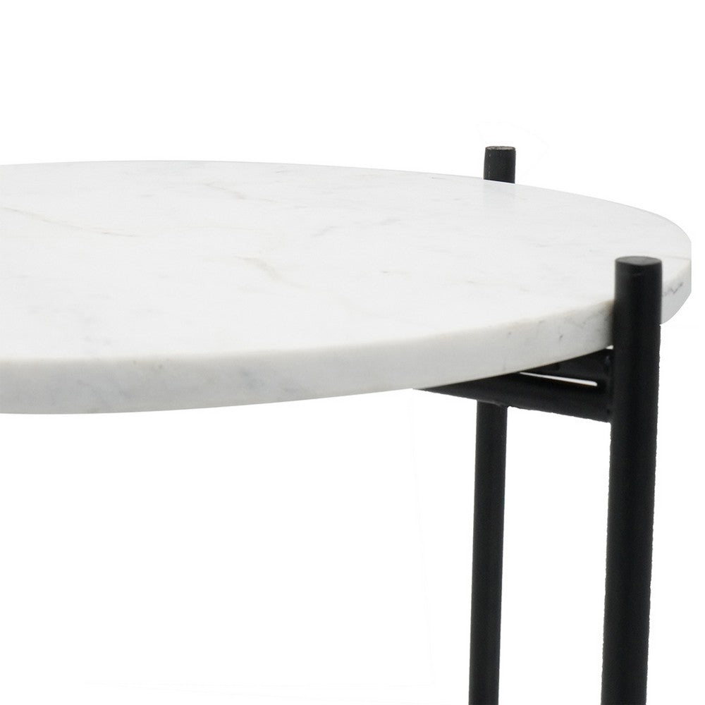 Azik Accent Table, 16 Inch Round White Marble-Look Glass Top, Black Iron - BM350100