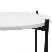 Azik Accent Table, 16 Inch Round White Marble-Look Glass Top, Black Iron - BM350100