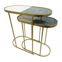 2pc Nesting Table Set, Marble Inlay Oval Top in White and Green, Gold Iron - BM350101
