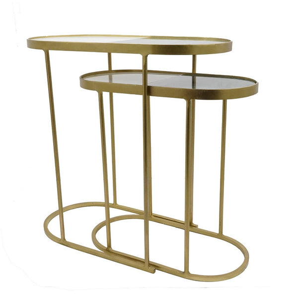2pc Nesting Table Set, Marble Inlay Oval Top in White and Green, Gold Iron - BM350101