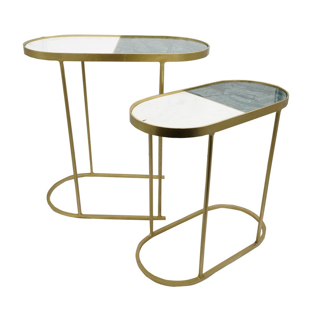 2pc Nesting Table Set, Marble Inlay Oval Top in White and Green, Gold Iron - BM350101