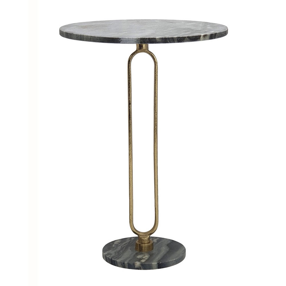 Side End Table, 16 Inch Round Marble Top, U-Shaped Gold Metal Stem, Black - BM350102