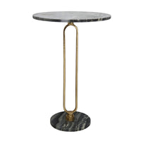 Side End Table, 16 Inch Round Marble Top, U-Shaped Gold Metal Stem, Black - BM350102