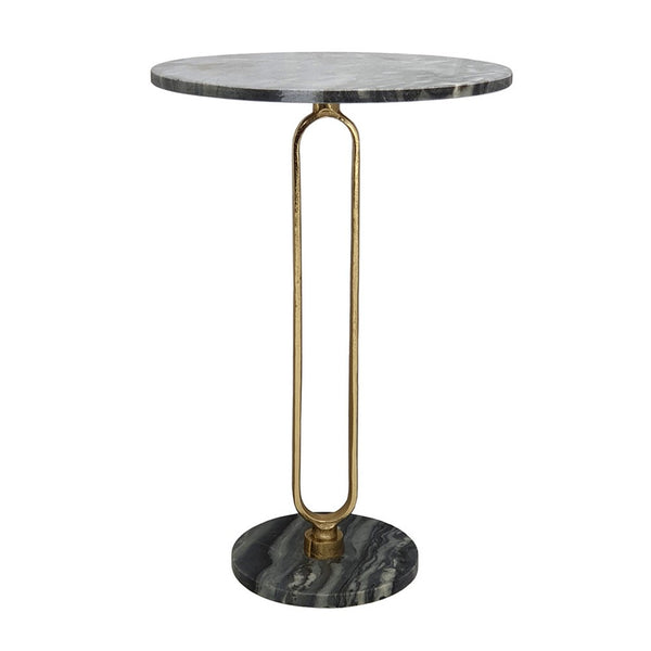 Side End Table, 16 Inch Round Marble Top, U-Shaped Gold Metal Stem, Black - BM350102