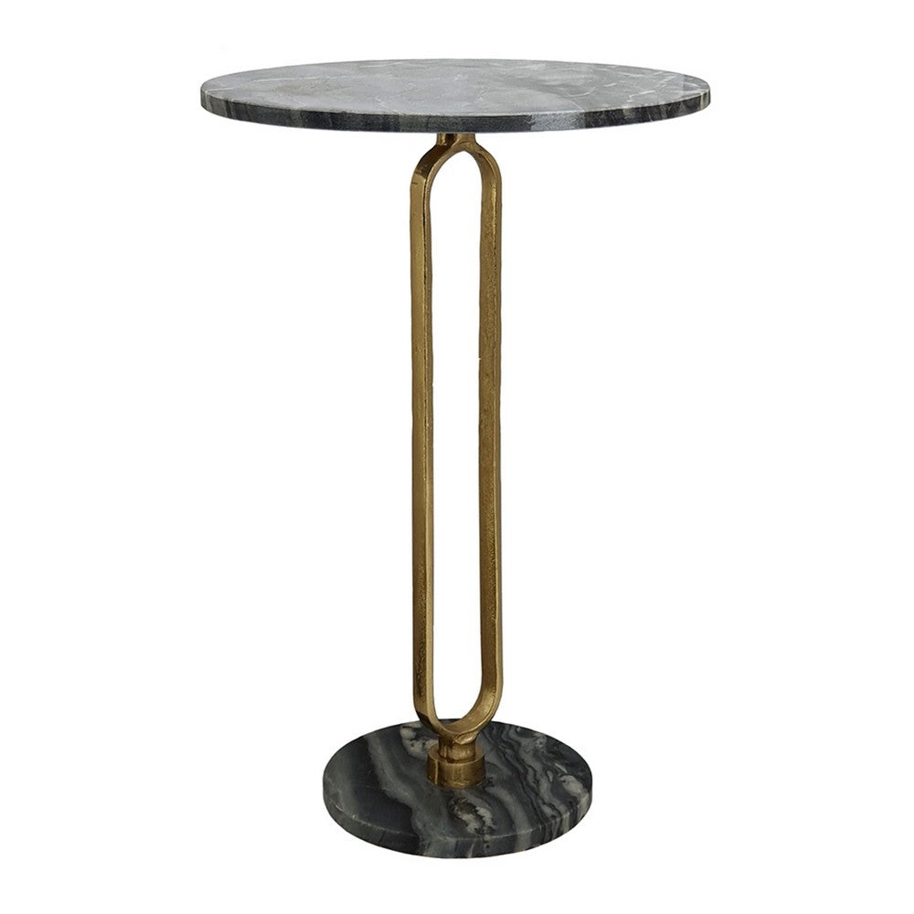 Side End Table, 16 Inch Round Marble Top, U-Shaped Gold Metal Stem, Black - BM350102