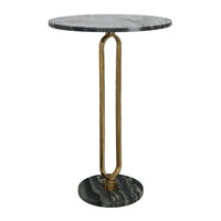 Side End Table, 16 Inch Round Marble Top, U-Shaped Gold Metal Stem, Black - BM350102