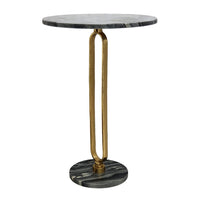 Side End Table, 16 Inch Round Marble Top, U-Shaped Gold Metal Stem, Black - BM350102