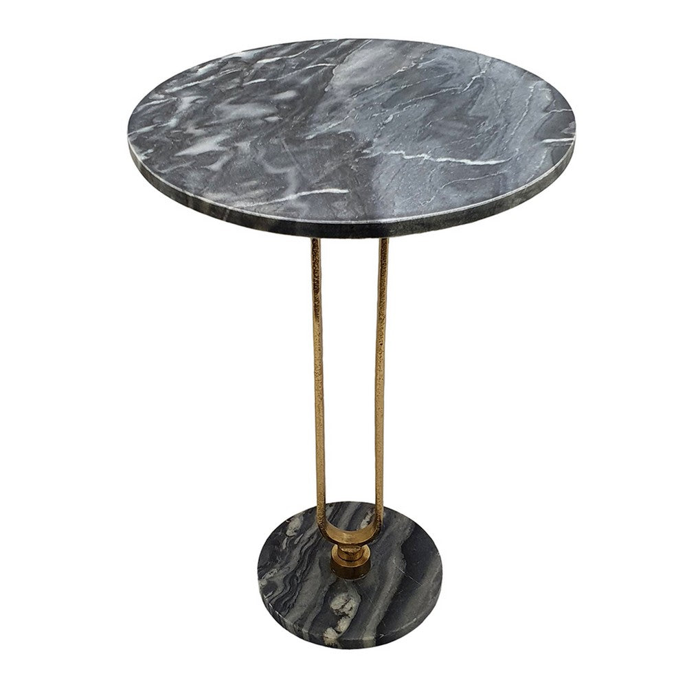 Side End Table, 16 Inch Round Marble Top, U-Shaped Gold Metal Stem, Black - BM350102