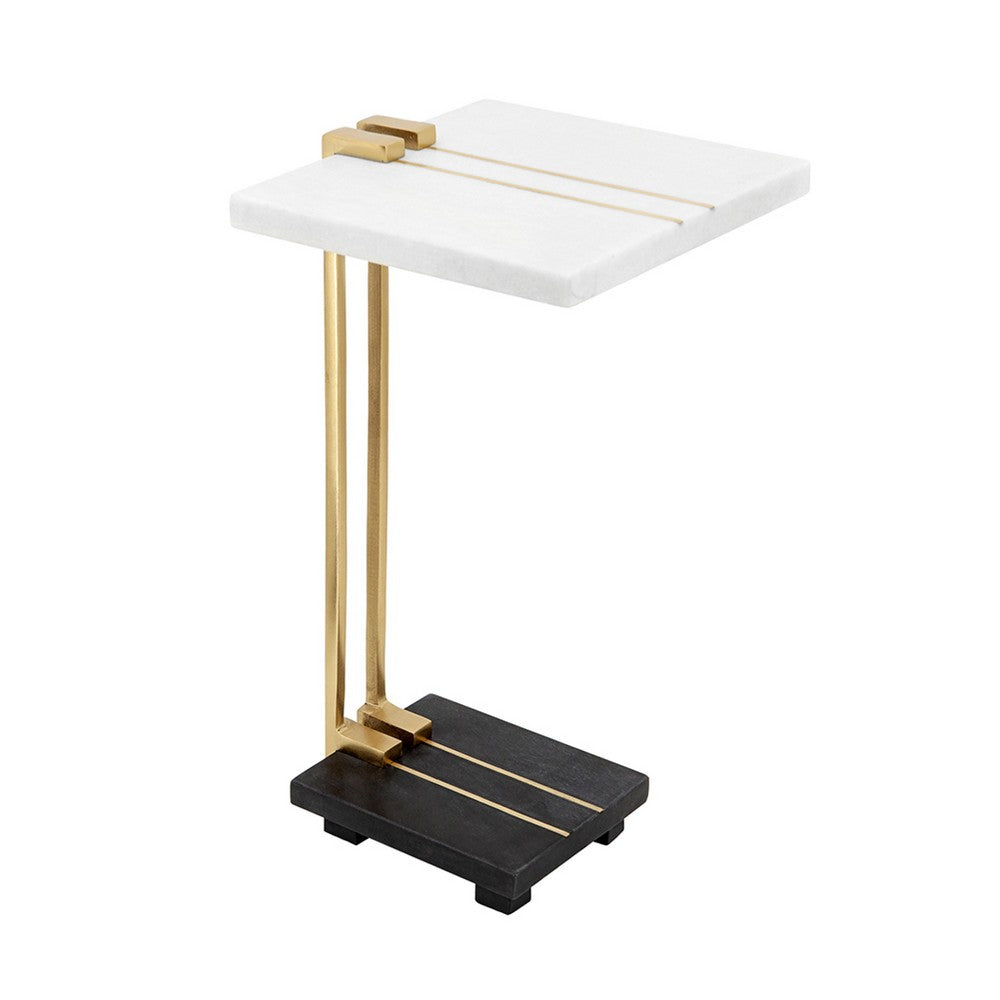 Dani Side End Table, 13 Inch Square Top, C Shape, White and Black Marble - BM350103