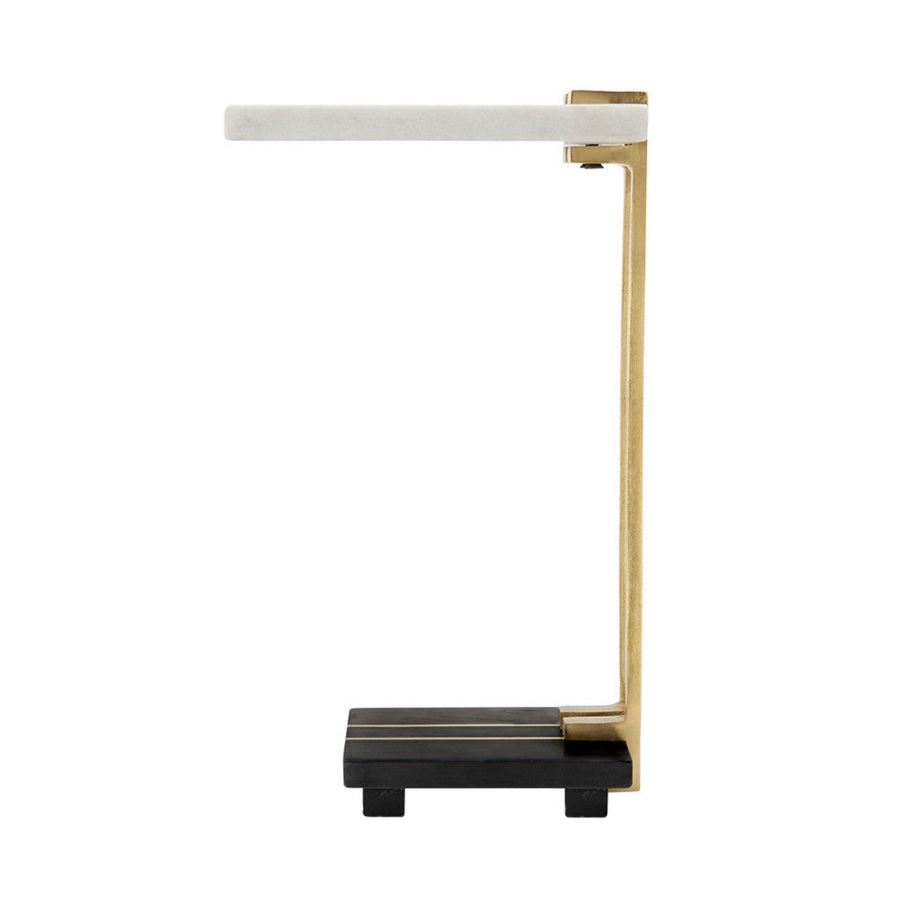 Dani Side End Table, 13 Inch Square Top, C Shape, White and Black Marble - BM350103