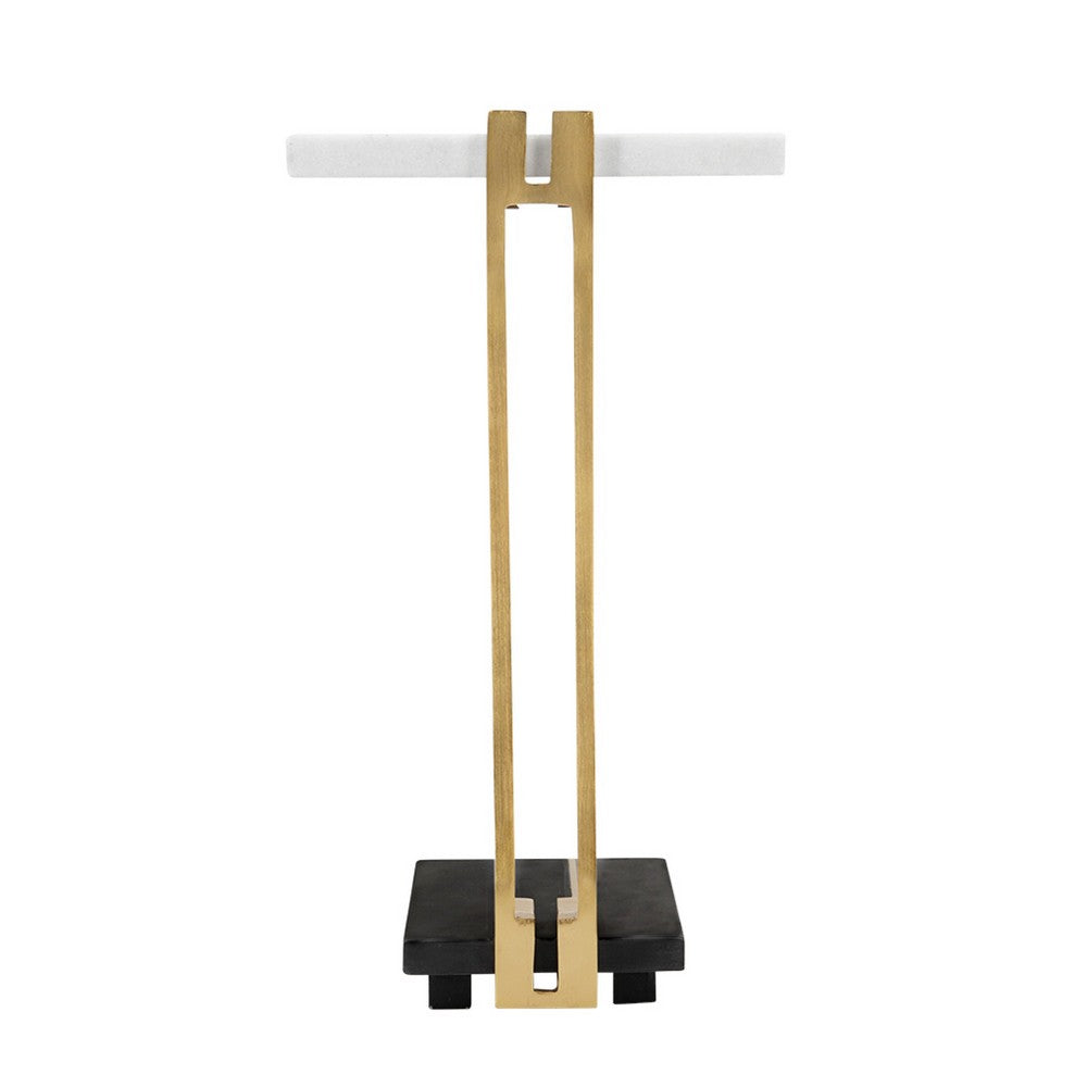 Dani Side End Table, 13 Inch Square Top, C Shape, White and Black Marble - BM350103