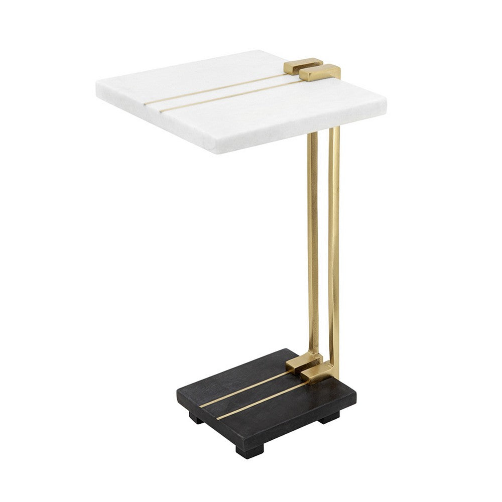 Dani Side End Table, 13 Inch Square Top, C Shape, White and Black Marble - BM350103