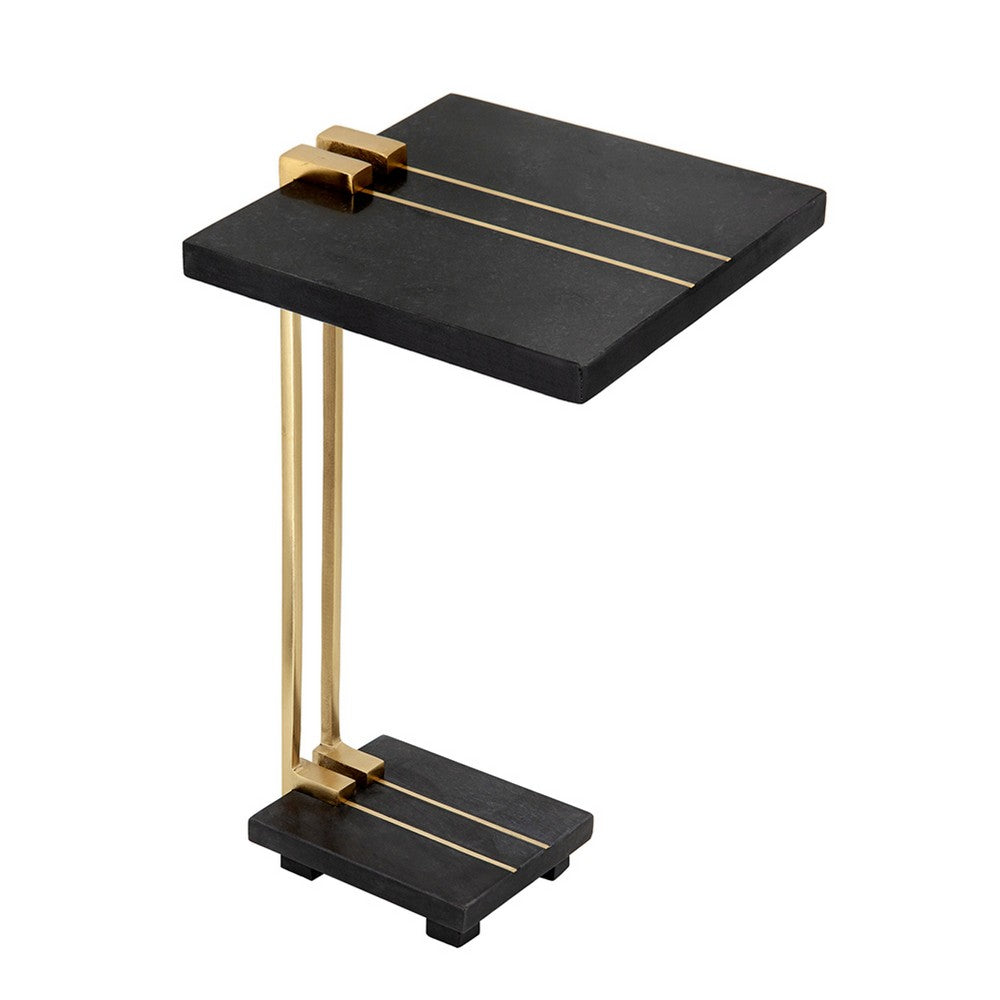 Dani Side End Table, 13 Inch Square Top, C Shape, Black Marble, Gold - BM350104