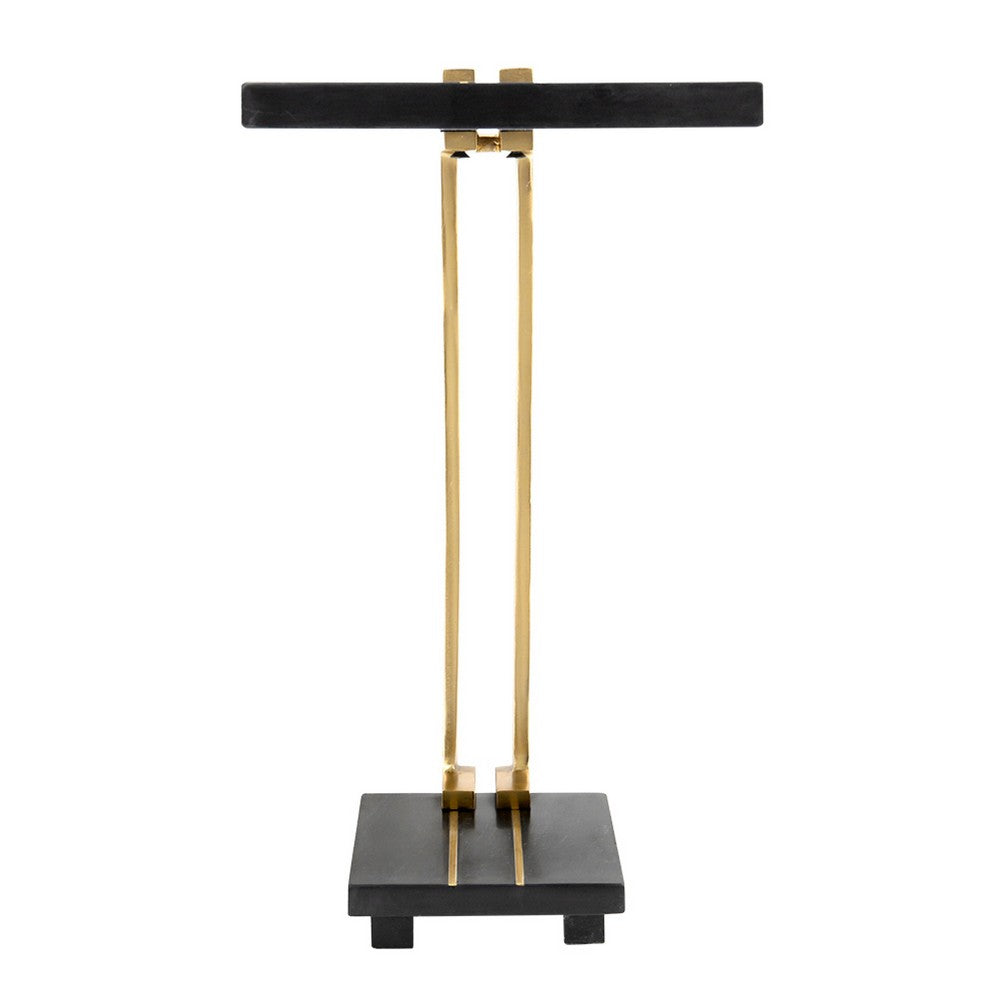 Dani Side End Table, 13 Inch Square Top, C Shape, Black Marble, Gold - BM350104