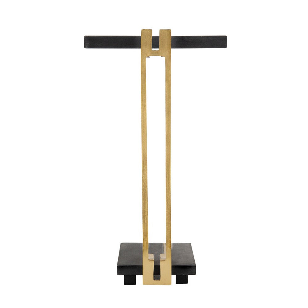 Dani Side End Table, 13 Inch Square Top, C Shape, Black Marble, Gold - BM350104
