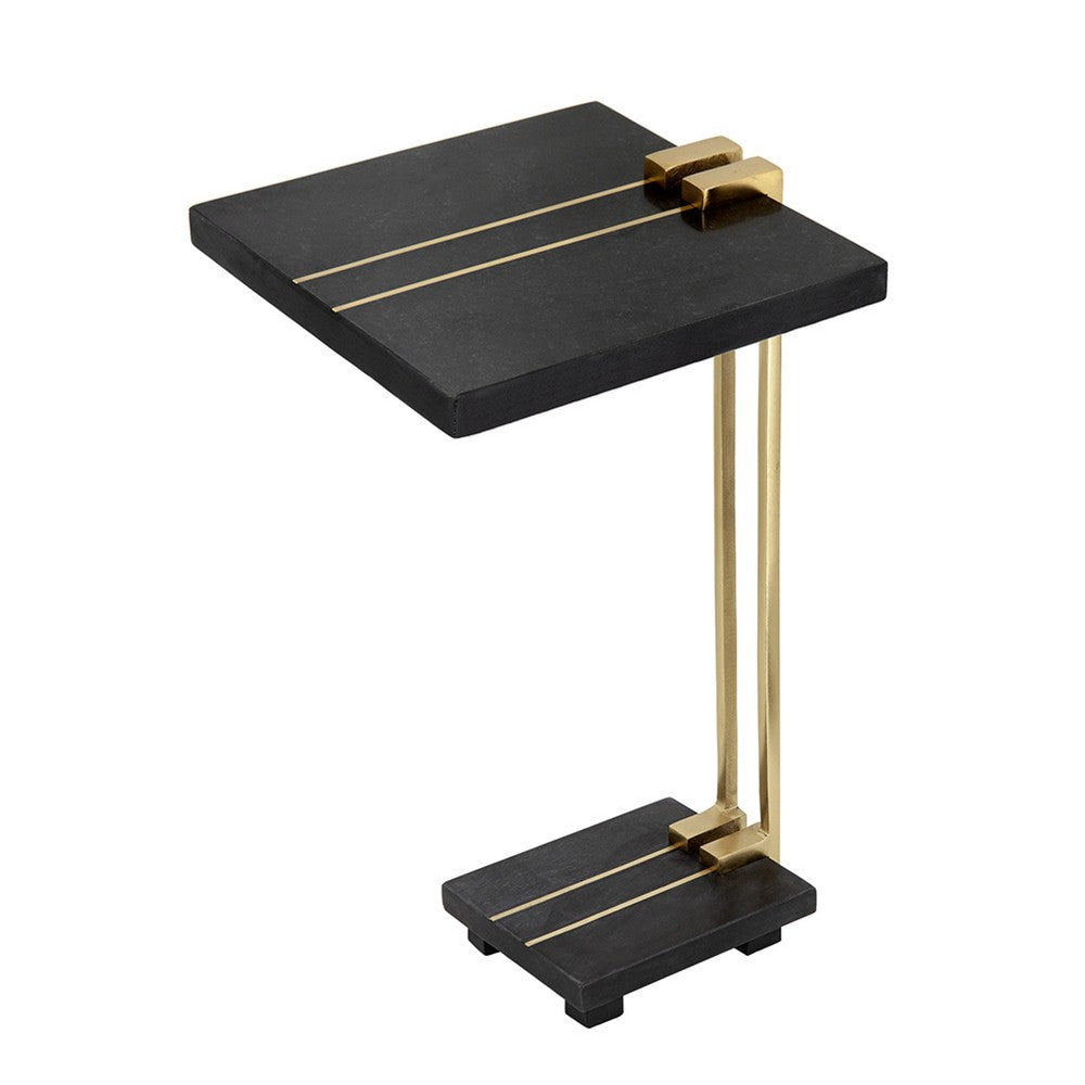 Dani Side End Table, 13 Inch Square Top, C Shape, Black Marble, Gold - BM350104