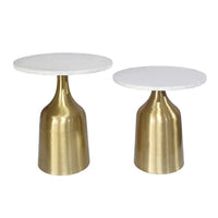 Side End Table Set of 2, Round White Marble Top, Bell-Shaped Gold Base - BM350106