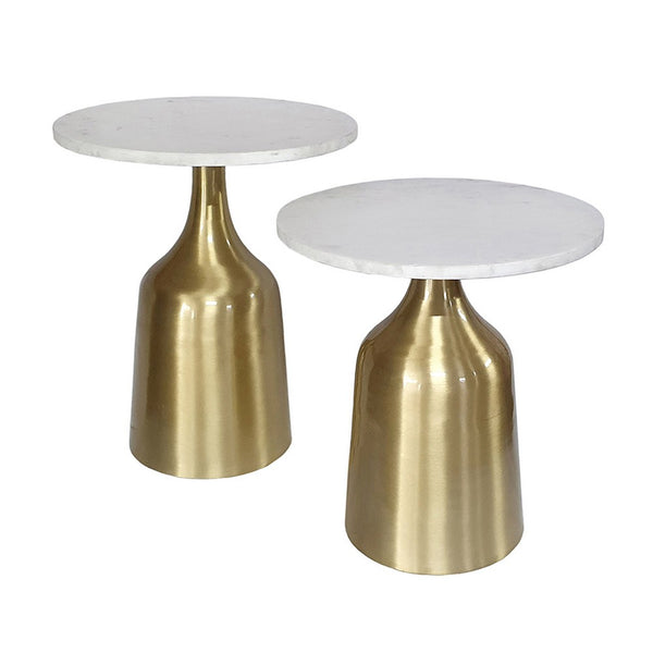 Side End Table Set of 2, Round White Marble Top, Bell-Shaped Gold Base - BM350106