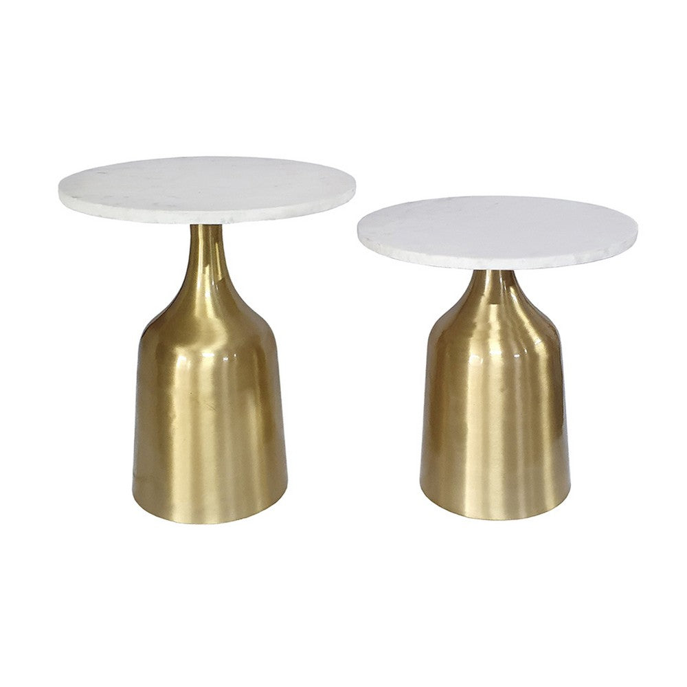 Side End Table Set of 2, Round White Marble Top, Bell-Shaped Gold Base - BM350106