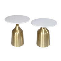 Side End Table Set of 2, Round White Marble Top, Bell-Shaped Gold Base - BM350106