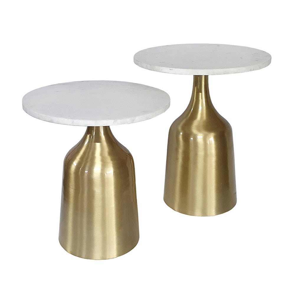 Side End Table Set of 2, Round White Marble Top, Bell-Shaped Gold Base - BM350106