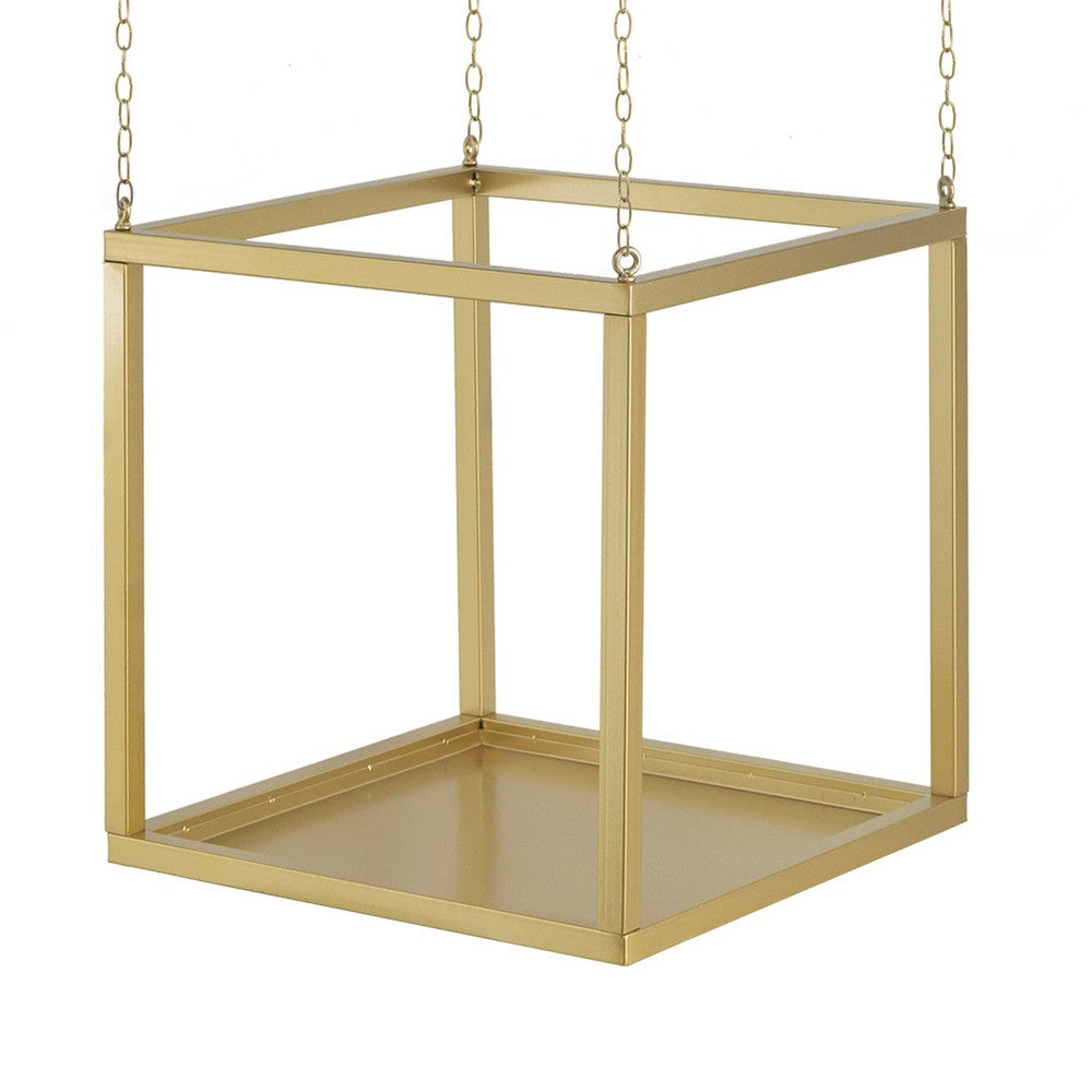 Hanging Open Plant Shelf with Chain, 20 Inch Square Gold Iron Frame - BM350107