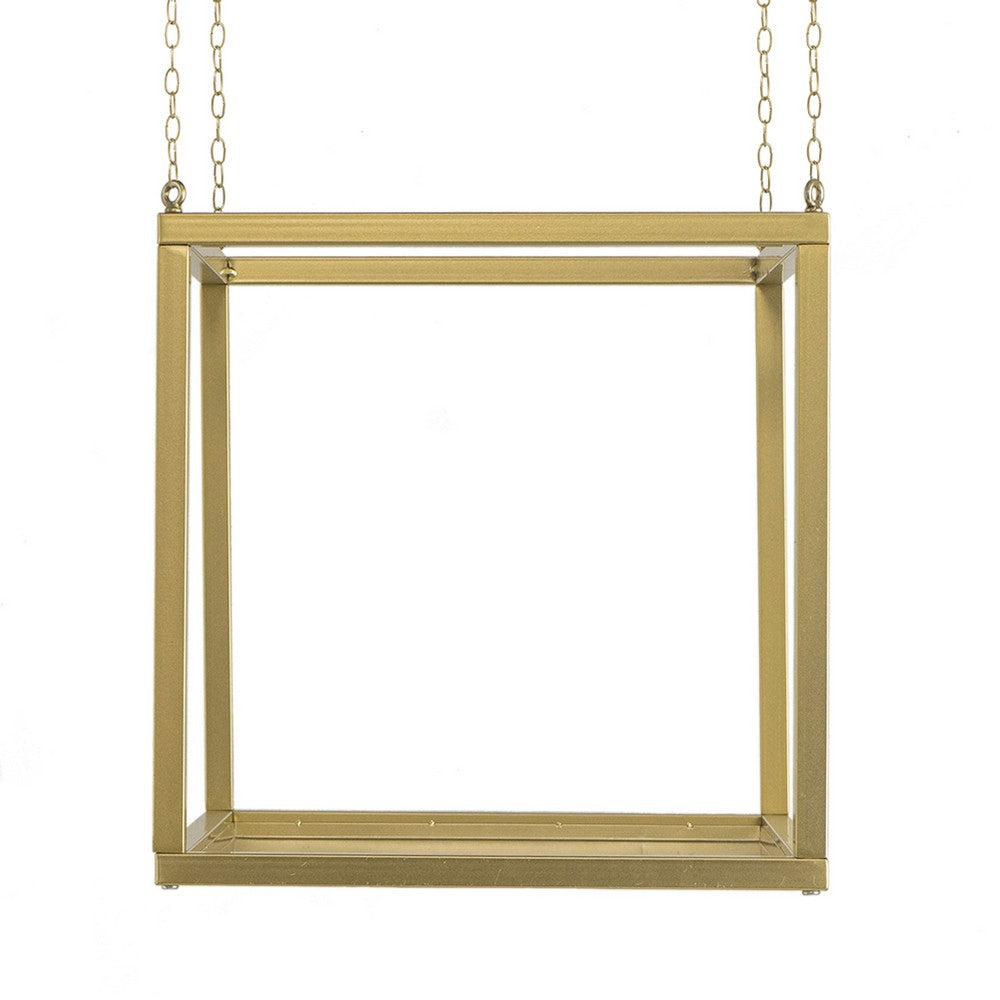 Hanging Open Plant Shelf with Chain, 20 Inch Square Gold Iron Frame - BM350107