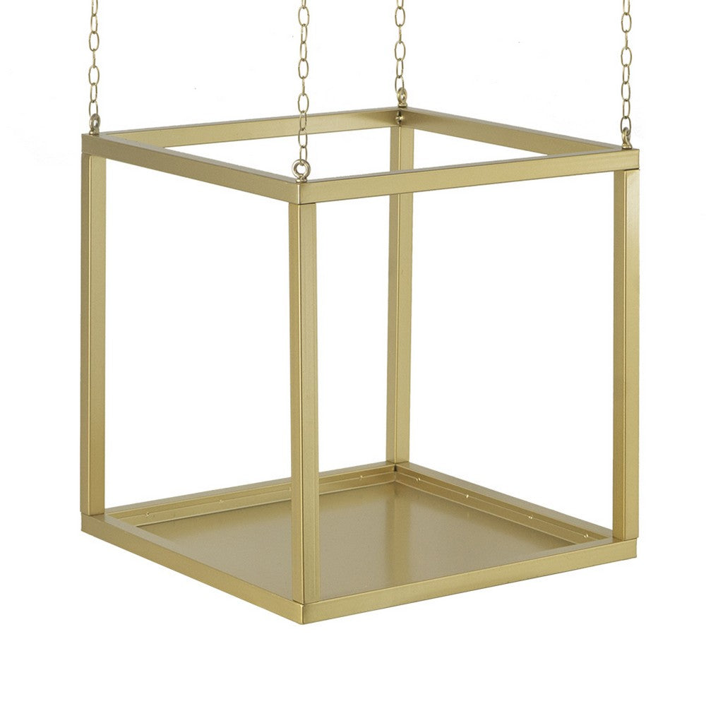 Hanging Open Plant Shelf with Chain, 20 Inch Square Gold Iron Frame - BM350107