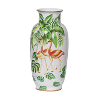 Jesu Decorative Botanical Flamingo Vase, White Green Porcelain, 16 Inch - BM350109