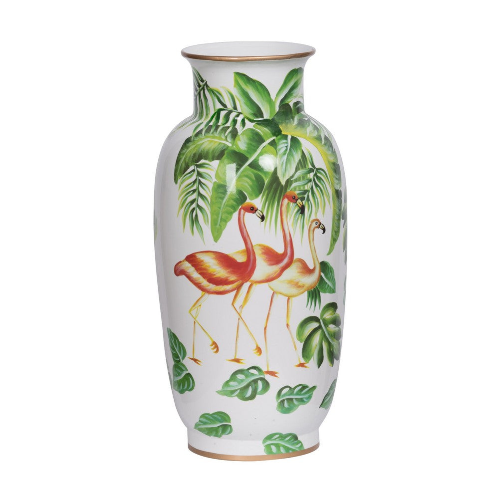 Jesu Decorative Botanical Flamingo Vase, White Green Porcelain, 16 Inch - BM350109
