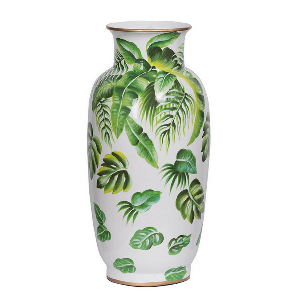 Jesu Decorative Botanical Flamingo Vase, White Green Porcelain, 16 Inch - BM350109