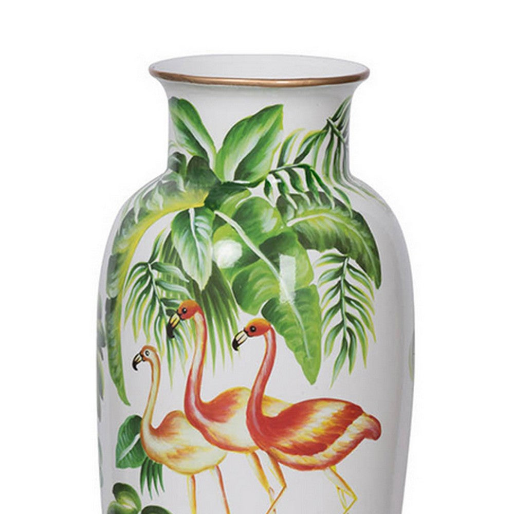Jesu Decorative Botanical Flamingo Vase, White Green Porcelain, 16 Inch - BM350109