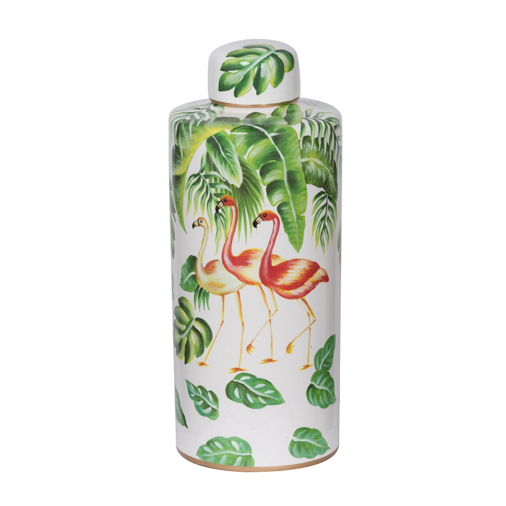 Jesu Decorative Botanical Flamingo Jar, White Green Porcelain, 18 Inch - BM350110