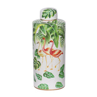 Jesu Decorative Botanical Flamingo Jar, White Green Porcelain, 18 Inch - BM350110