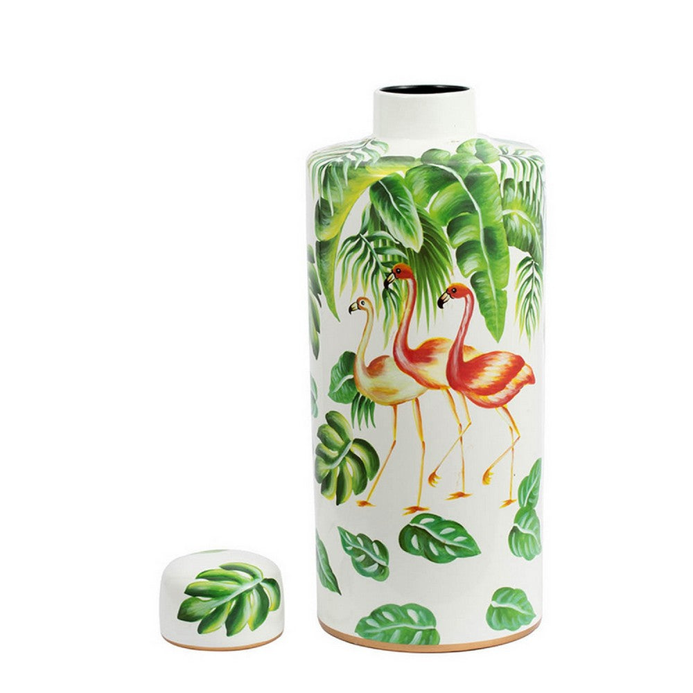 Jesu Decorative Botanical Flamingo Jar, White Green Porcelain, 18 Inch - BM350110
