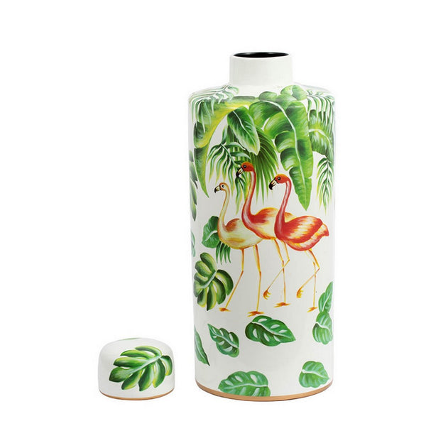 Jesu Decorative Botanical Flamingo Jar, White Green Porcelain, 18 Inch - BM350110