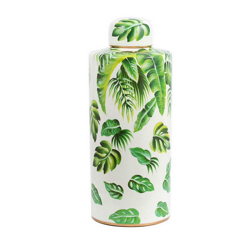 Jesu Decorative Botanical Flamingo Jar, White Green Porcelain, 18 Inch - BM350110