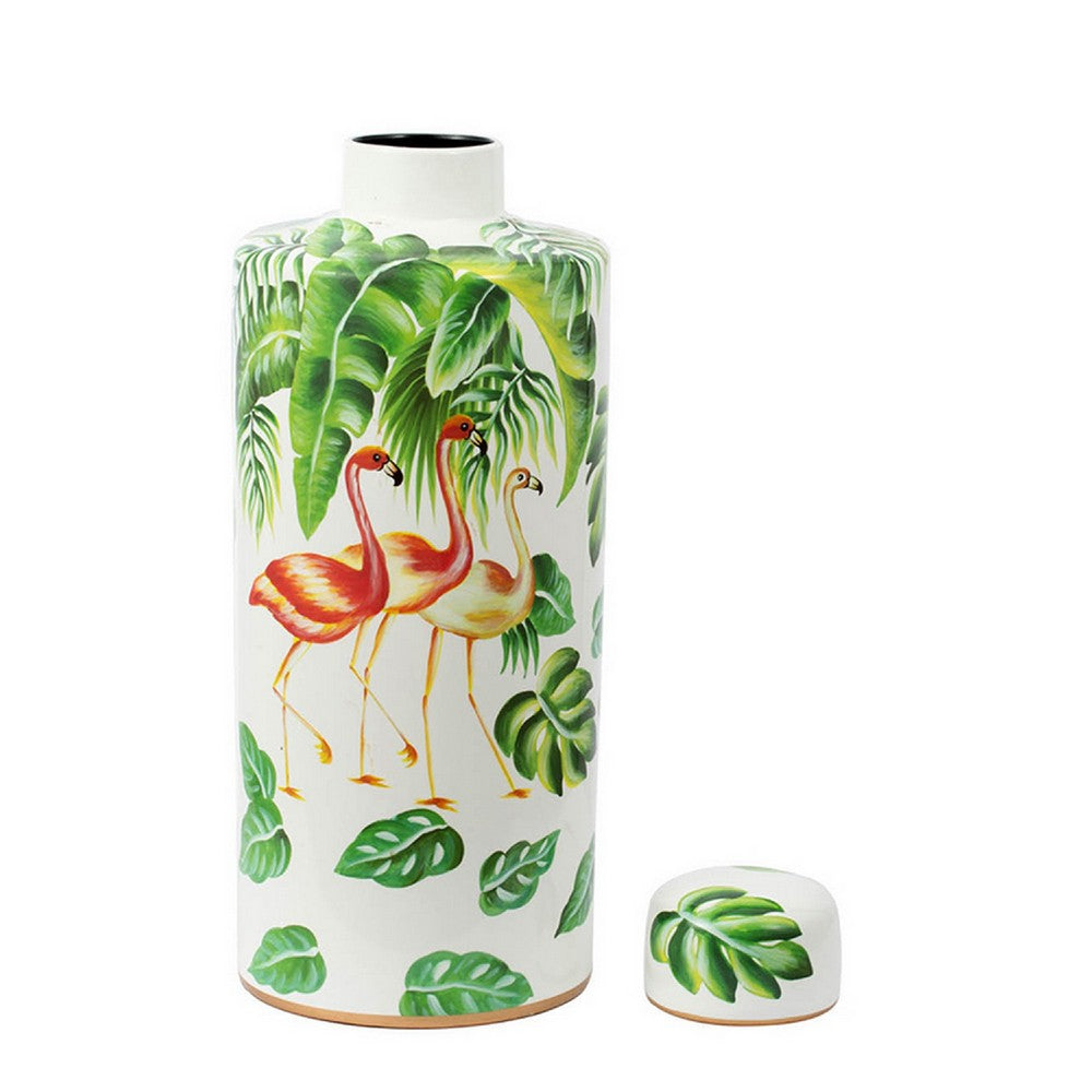 Jesu Decorative Botanical Flamingo Jar, White Green Porcelain, 18 Inch - BM350110