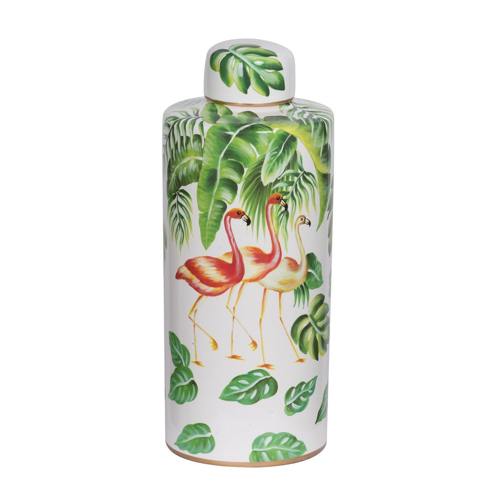 Jesu Decorative Botanical Flamingo Jar, White Green Porcelain, 18 Inch - BM350110