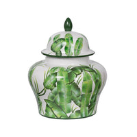 Jesu Ginger Jar with Lid, White Green Palm Leaf Accent, 17 Inch Porcelain - BM350111