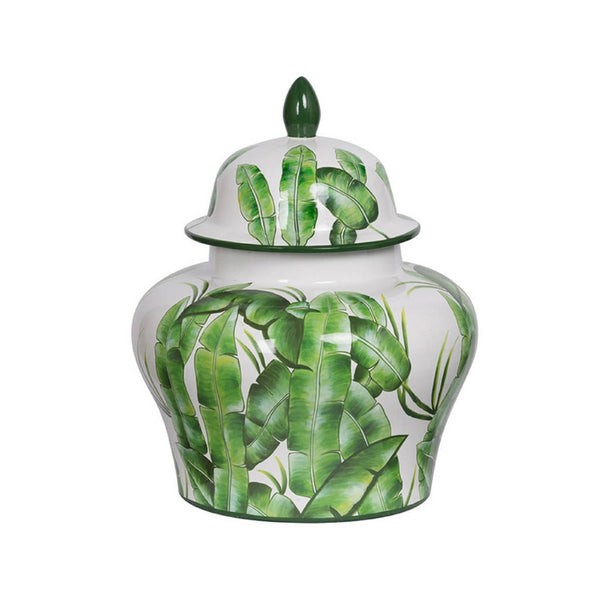 Jesu Ginger Jar with Lid, White Green Palm Leaf Accent, 17 Inch Porcelain - BM350111