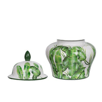 Jesu Ginger Jar with Lid, White Green Palm Leaf Accent, 17 Inch Porcelain - BM350111